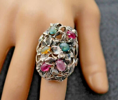 Renaissance Style Ring Sterling Silver Mix Sapphires Hand-sculpted Chic Crafts
