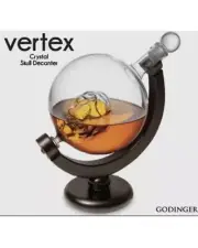 Godinger Whiskey Globe Skull Decanter Vertex Crystal Glass & Wood New In Box