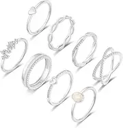 [RLMOON] 8PCS 14K Gold/Silver Plated Ring Set for Women Dainty CZ Simulated Diamond Ring Eternity Band Non-Tarnish Gold Stackable Ring Size 5-11