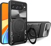FORZAMOR for Google Pixel 9 Pro XL 5G (6.8 Inch) Case Shockproof with Back Camera Slide Window Cover, Ring Kickstand Armor Military Rugged Cover (for Pixel 9 Pro XL, Black)