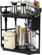 Kitchen Corner Shelf Organizer, Corner Spice Rack 2-Tier Black - Pantry Organiser - Strong Metal Frame, 2 Levels of Shelves plus Hooks, and Cutlery Cup for Accessories