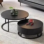 EKDJSN 27.5IN Round Nesting Table Set of 2, Coffee Tables with Storage Drawers, Solid Wood Coffee Table for Living Room, Abundant Storage Space, Combination of High & Low(Black)