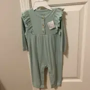 Little Me Baby Girl Romper 9 Months Green Ruffles w/ Headband Snap Button Front