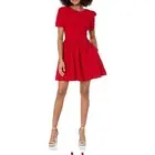 Black Halo Mini Dress Women's Red Pleated Hidden Zip Puff Sleeve A-Line B78