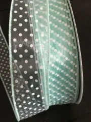 5 Yds. SHEER SEAFOAM with WHITE DOTS WIRE EDGE RIBBON 1 1/2" W