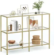 39.4 Inch Console Table with 3 Shelves, Metal Frame & Tempered Glass - Modern Style- Metallic Gold & Transparent