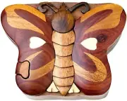 Butterfly Handcrafted Carved Intarsia Wood Puzzle Box Jewelry Trinket Box