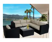 Black Endora Corner Outdoor Wicker Furniture Lounge With White Cushion Cover