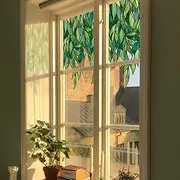 Neukids Original Hand-Painted Window Film, Stained Glass, Self-Adhesive, Green Leaves Static Adhesive Privacy Film, Stained Glass Window Film, Plant, Bedroom, Living Room, Kitchen Glass Sticker 75 x