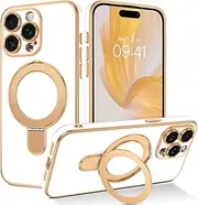 Case for iPhone (Compatible with Mag Safe Devices, Magnetic Invisible Ring/Stand, Metallic Glossy, Full Camera Protection, Wireless Charging Clear Cover (Gold, iPhone 13)
