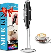 [Premvio] Powerful Milk Frother with Stand – Handheld Electric Foam Maker for Coffee, Lattes, Cappuccinos, Matcha, Frappe & Hot Chocolate – Battery Operated Mini Drink Mixer