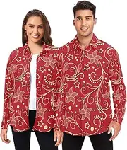 [GuoChe] Crawling Tigers Clouds Oriental Gold Red Mens Long Sleeve Button Up for Women Sports with Pockets X-Small, Floral Stars Valentine's Day Gold Red, Large