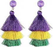 [AGDGV] Mardi Gras Earrings for Women - Handmade Purple Yellow Green Bohemian Layered Tassel Drops | Vibrant Carnival Jewelry Accessories | Costume Party Fringe Earrings for Trendy Costume Gifts