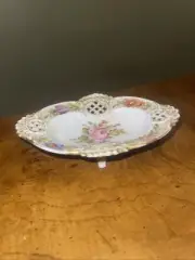 German Porcelain Reticulated Dish, Footed Floral von Schierholz Plaue Porcelain