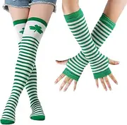 [LERTREE] Over Knee Stockings Irish Party Socks & Green Stripe Fingerless Arm Warmer Gloves for St. Patrick’s Day Costume for Women