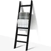 TEAKMAMA 6-Tier Blanket Ladder for Living Room and Bedroom,5.4 Ft Wall Leaning Quilt Rack with Hooks,Rustic Decorative Farmhouse Blanket Storage,Stylish Ladder Holder,Easy to Assemble,Black