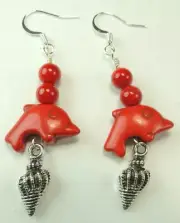 Red Howlite Dolphin Earrings with Shells Howlite Beads Handmade Jewelry