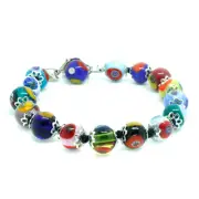 Murano Glass Bracelet Multi Silver Millefiori Venice 15 Beads