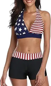 [ZANDO] Bikini Swimsuit for Women Boyshort Two Piece Bathsuit Athletic V Neck Swimwear Vintage Halter Swimming Suits