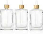 COSIDEA 3 pcs Empty 3.33oz / 100ml Empty Clear Flat Glass dropper bottles droppers for oils Bamboo cap essential oil bottle travel serum containers
