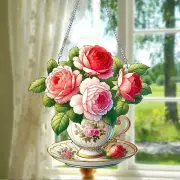 Everlasting Roses in Cup Suncatcher, Birth Month Flower Suncatcher