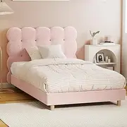 Oikiture Bed Frame King Single Bed with Tufted BedHead and Boucle Fabric Mattress Platform Pink