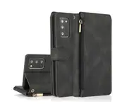 For Samsung Galaxy Note 20 Case, Leather Zipper Purse Flip Cover Case with Card Slot Holder Wrist Strap Lanyard (Black)