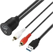 USB Flush Mount Panel USB 2.0 USB 3.0 Male to Female Extension+3.5mm Female to 2RCA Dashboard Cable for Car Motorcycle(1m,USB 3.0 Set)