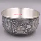 Solid 999 Fine Silver Tea Cup Heat Insulation Fish Pattern Chinese Small Bowl