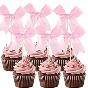 24Pcs Pink Bow Cupcake Toppers - Pink Bow Cake Topper,Pink Bow Birthday Decorations,Coquette Themed Party Decoration,Bridal Shower Bachelorette Cake Toppers
