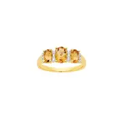 9ct Gold Citrine & Diamond Oval Cut Trilogy Dress Ring in Yellow