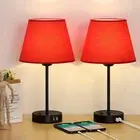 Table Lamps for Bedroom Set of 2, USB Bedside Lamps with Red Fabric Shade, Ni...