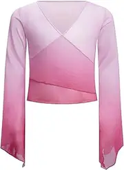 [FEESHOW] Women Ballet Jacket Flare Sleeve Dance Wrap Cardigan V-Neck Bolero Top Gradient Color Sheer Mesh Crop Top