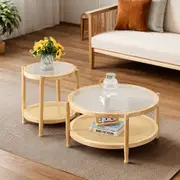 Furb Set of 2 Round Side Table Wooden End Table Coffee Table for Home Living Room 50+80CM