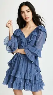 Rebecca Taylor 100% Silk Ruffle Mini Dress Glitter Gem Blue Dot $595 Revolve