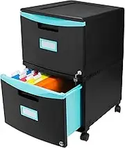 Storex Plastic 2-Drawer Mobile File Cabinet, Letter/Legal, Black/Teal