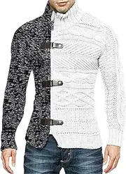 [SWJGLITTR] Men's Color Block Turtleneck Cardigan Winter Knitted Cardigan Sweaters for Men Long-Sleeved Slim Fit Button Cardigans, White, Medium