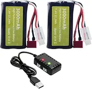 Fytoo 2PCS 7.4V 3000mah 15C 2S Li ion Battery with T-Type Plug and 2in1 Charger for WLtoys 12423 MJX 14301 14302 14303 H16PL High-Speed RC Cars 1/10 1/12 1/16 Ratio RC Car Trucks RC Ship