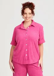 [Taking Shape] Taking Shape Casual Terry Button Up Shirt Size 18 in Raspberry Rose - Plus Size Women's Clothing Raspberry Rose