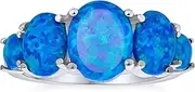[Bling Jewelry] Gemstone 5 Stone Oval Blue Green Created Opal Half Eternity Band Ring For Women .925 Sterling Silver Thin 1MM Band October Birthstone