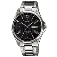 在飛比找momo購物網優惠-【CASIO 卡西歐】紳士簡約不鏽鋼腕錶/銀x黑面 羅馬數字