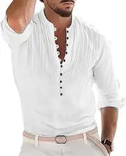 [Generic] Men's Button Up Henley Shirt Male Regular Fit Long Sleeve Henley Shirt Man Casual Chest Pleated Beach T Shirts