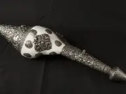Antique Tibetan Double Vajra Inlay Right conch Shell Trumpet Instrument Nepal