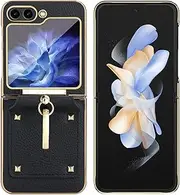 [JOJOBE] Leather Phone Case for Samsung Galaxy Z FLIP 5 5G Case, Simple Fashion Litchi Texture PU Leather Cover for Samsung Galaxy Z FLIP5 Slim Case with Ring Women Black