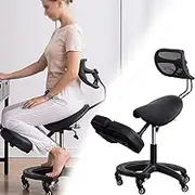 Modern Ergonomic Saddle Seat Kneeling Chair with Backrest, 360 Degrees Swivel Mobile Angled Posture Stool for Office, Black Leather