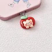 Animal Phone Port Dust Plug - Apple Lightning / USB Type C / Android Micro USB Bear & Apple - Red & Beige - Android Micro USB