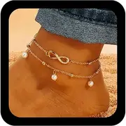 [Xduargs] Boho Layered Infinity Anklet Bracelet Gold Number 8 Foot Chain Vintage Pearl Tassel Chain Anklets Love Knot Link Bracelet Jewelry for Women, Adjustable, Zinc, no gemstone