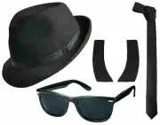 Gangster Blues Brothers Costume Kit 70s 80s Hat Glasses Tie & Sideburns Costume