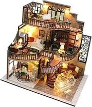 koolsoo Doll House Kit Mini Wooden Dollhouse Toy Miniature Villa Home Decorative Mini House Making Kit Building Kit for Teens Gifts