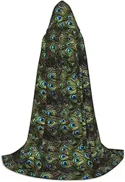 SKKNT Fresh Peacock Print Halloween Hooded Cloak Full Length Cape With Hood For Men And Women For Carnival